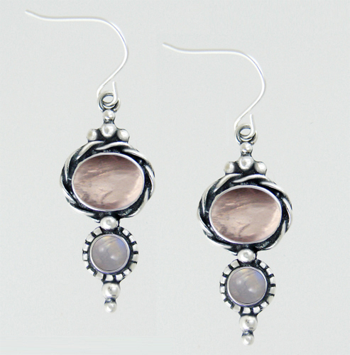 Sterling Silver Drop Dangle Earrings With Rose Quartz And Rainbow Moonstone